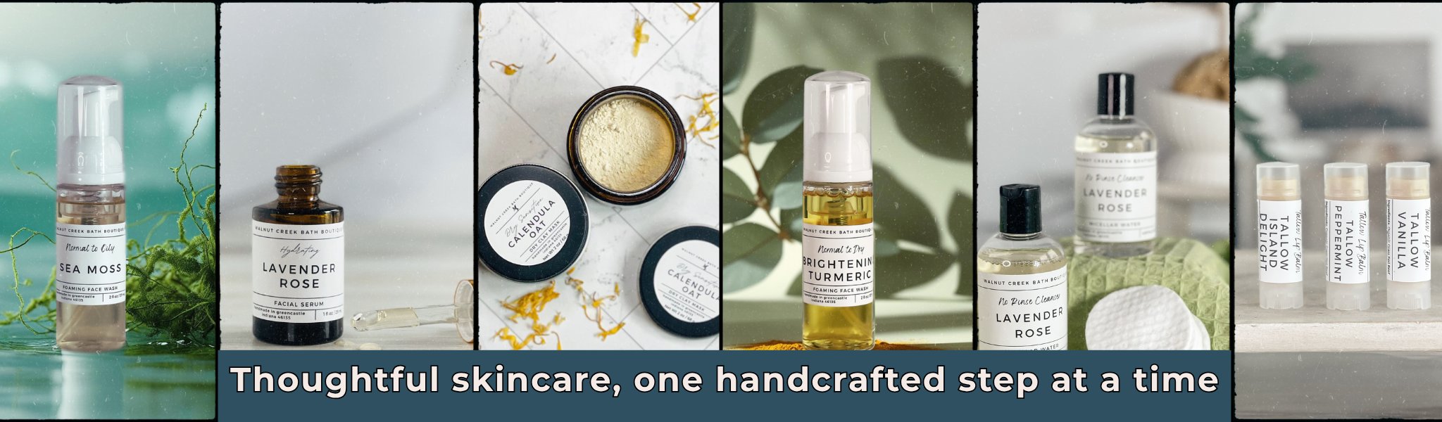 row of face care products, including shave soap, beard oil and balm, face cream and face soap, lip balms