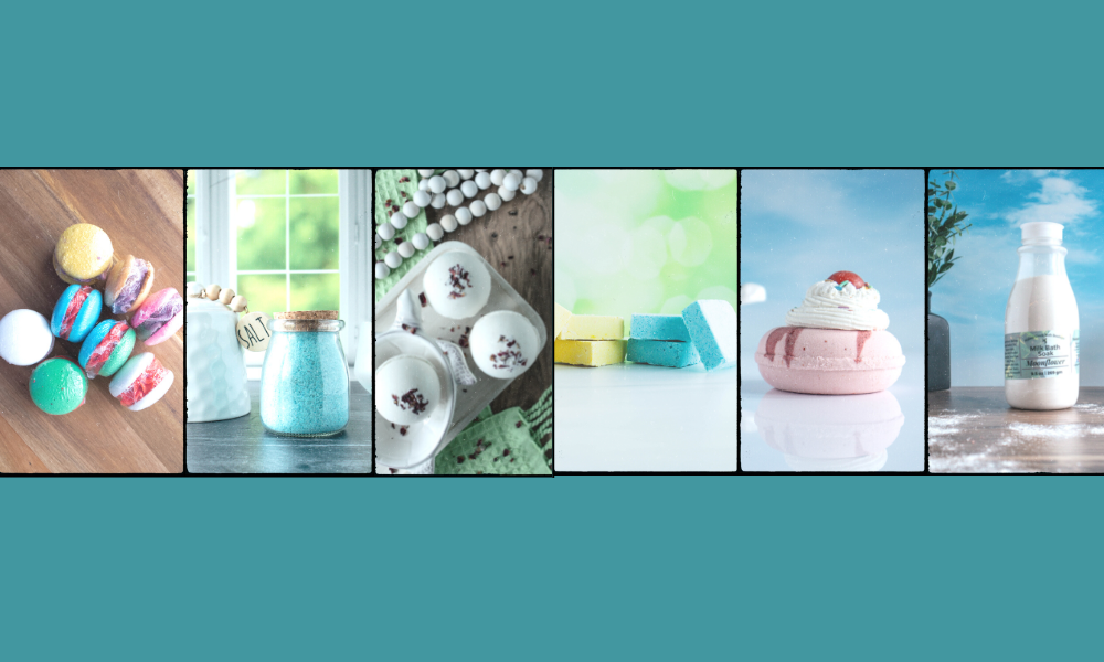 row of different bath treats. Multiple bath bomb macaroons, a jar of blue bath salts, white bath bombs, some shower scrub bars, after that a cute bath bomb donut with bubble frosting and a soapy cherry gumball on top, and a jug of milk bath.