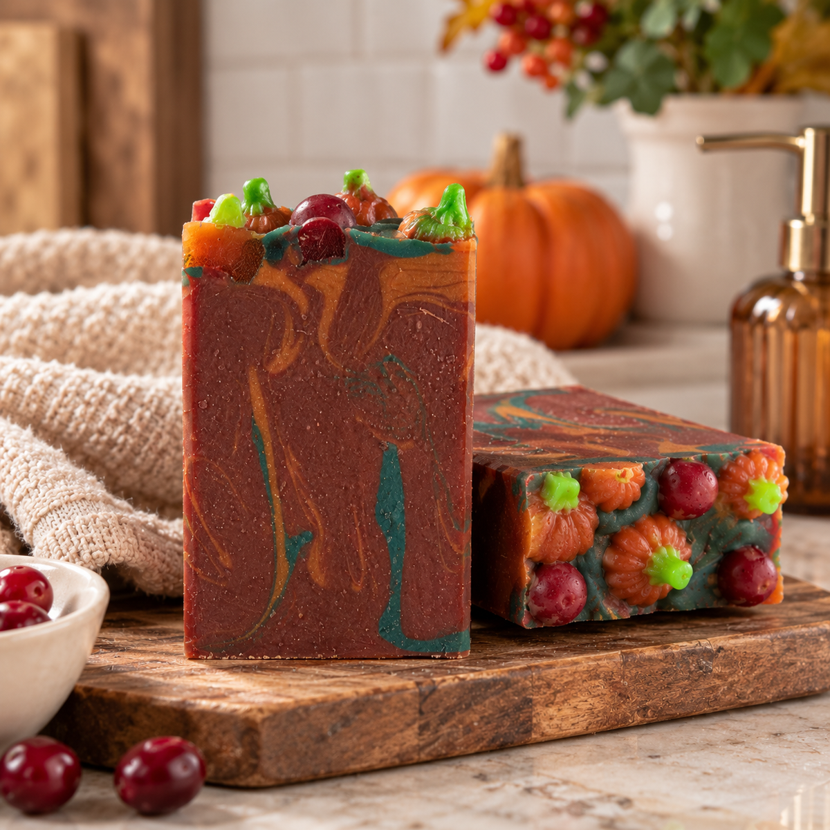 Two decorative artisanal soaps with a rich autumnal design, featuring a vertical bar in the foreground and a rectangular bar behind it. The soaps have a dark reddish-brown base with teal and orange marbled swirls, and are embellished with small orange pumpkins, red cranberries, and green leafy accents.