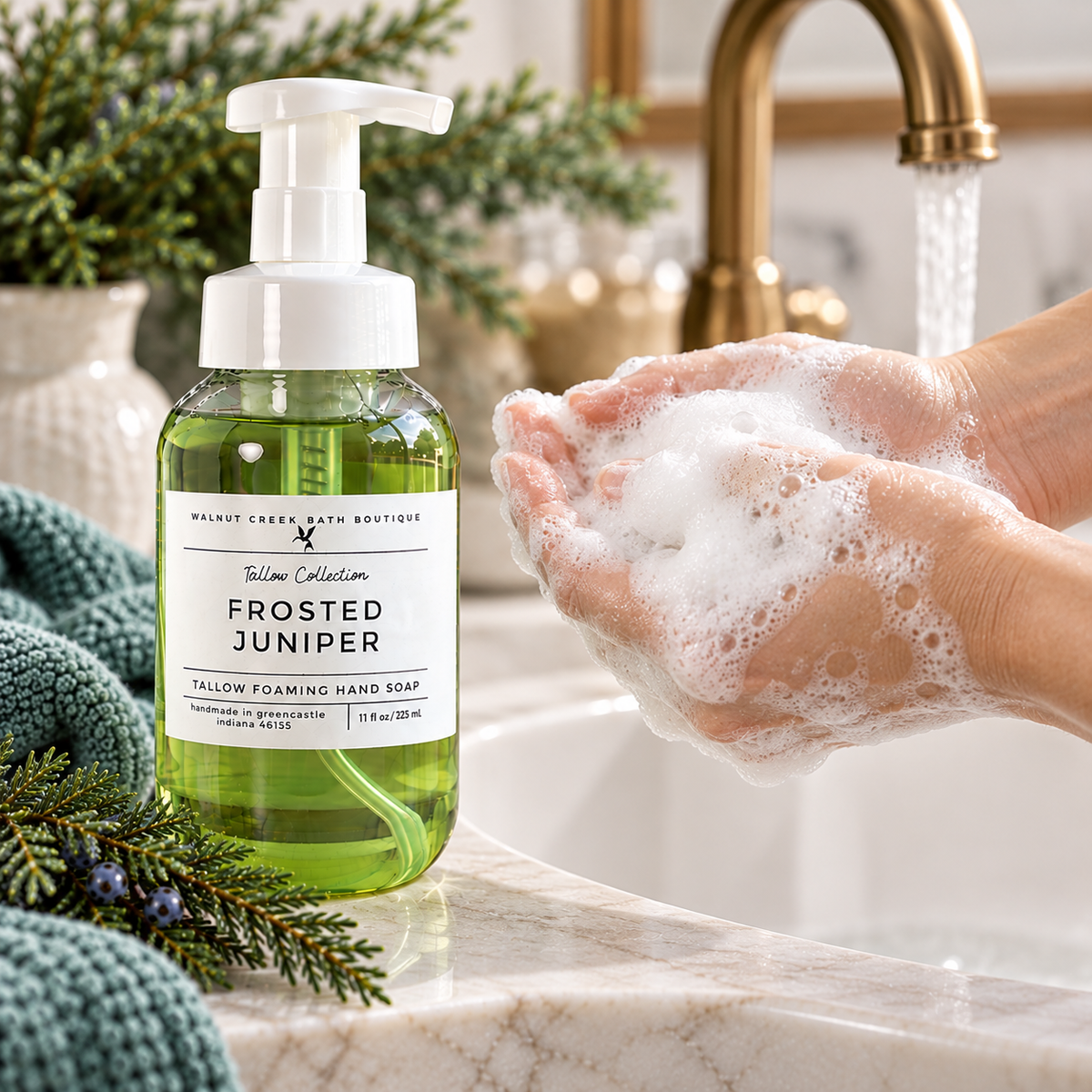 A bottle of Walnut Creek Bath Boutique Frosted Juniper yellow foaming hand soap sits on a marble bathroom counter next to a sink with running water, with a person&