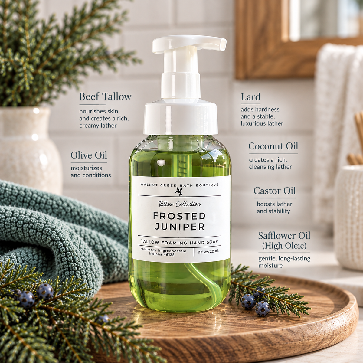 Walnut Creek Bath Boutique Tallow Collection Frosted Juniper Tallow Foaming Hand Soap in a frosted clear bottle with a white pump, displayed on a wooden tray with botanical props and text overlays detailing its ingredients.