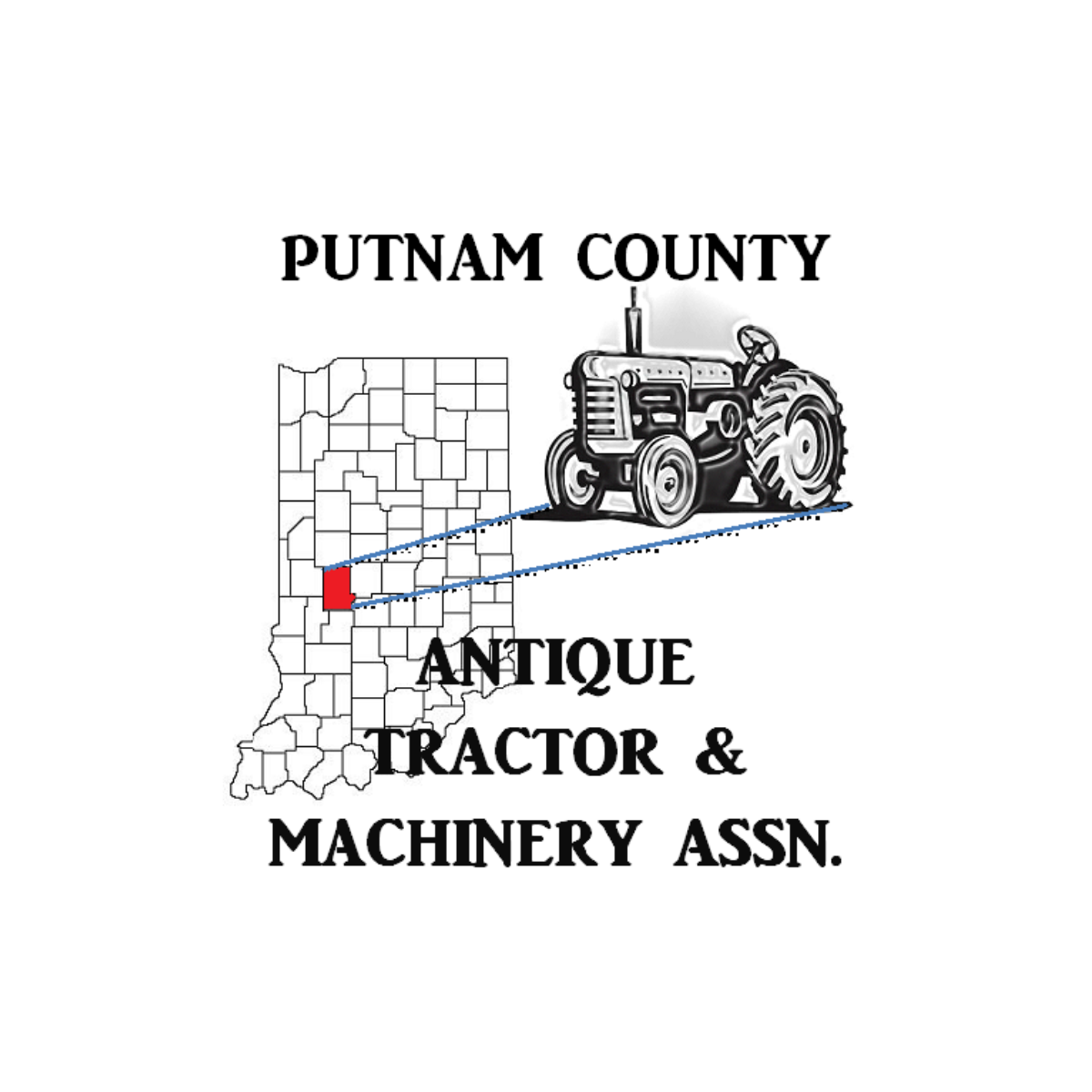a picture of indiana with all of the counties outlined. there is a tractor to the right with lines going to putnam county on the map, which is colored in red