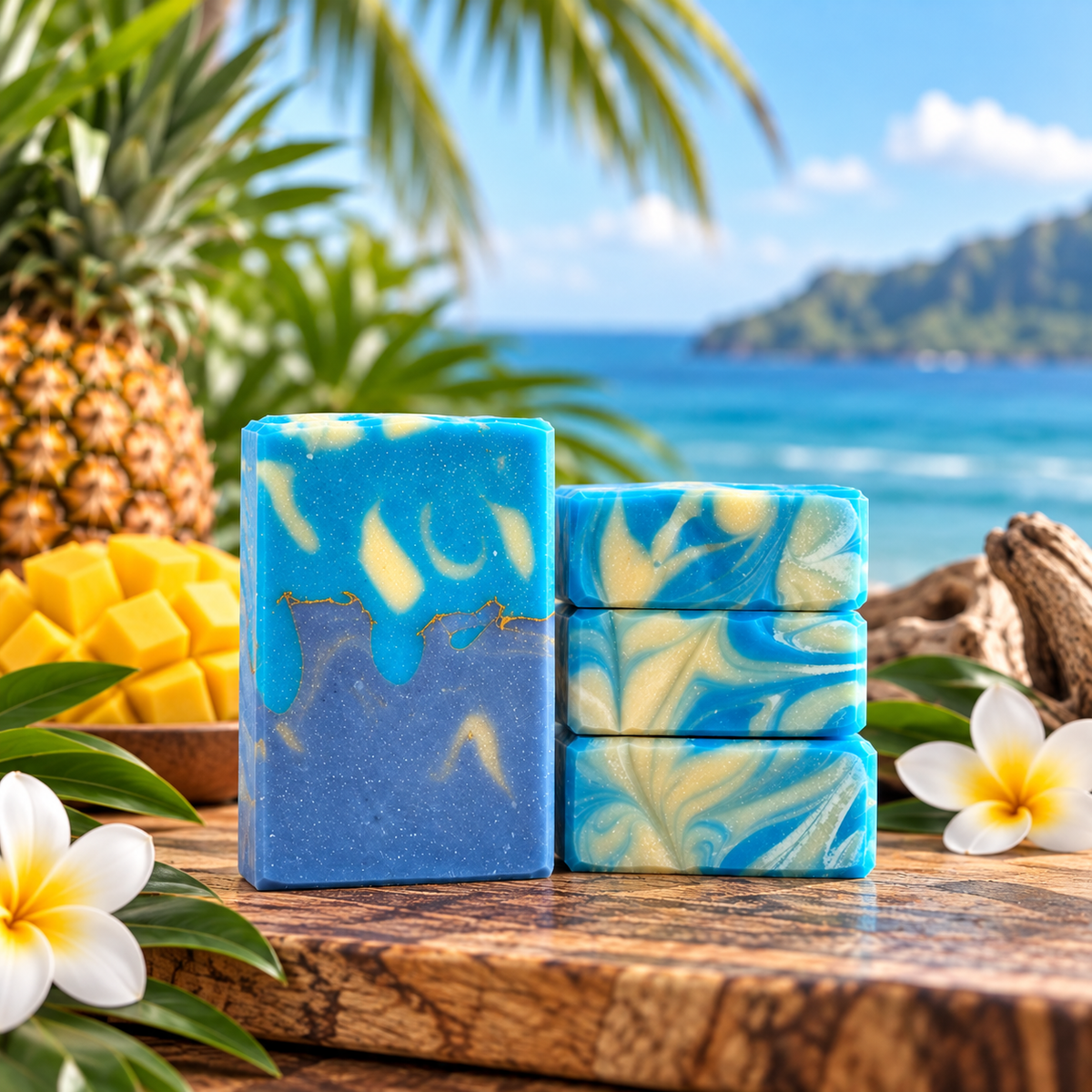 Three handmade rectangular bars of blue and cream marbled soap displayed on a wooden board with tropical props including a pineapple, mango, plumeria flowers, and a scenic ocean backdrop.
