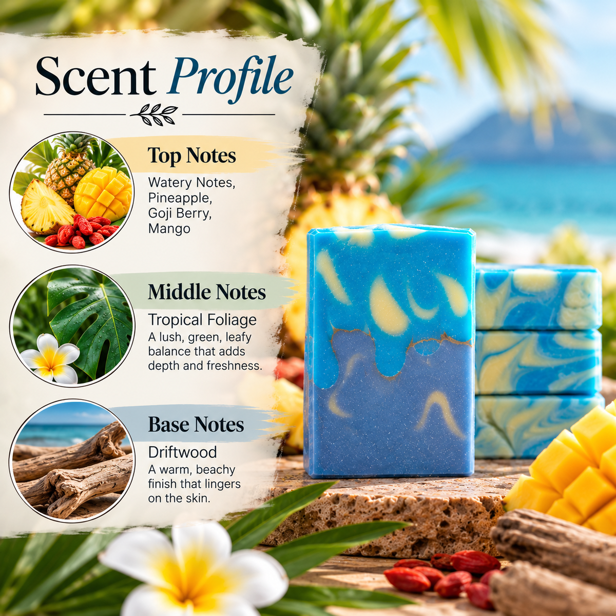 Two blue and white marbled soap bars displayed on a tropical beach backdrop with a scent profile graphic on the left detailing the notes: watery, pineapple, goji berry, and mango.