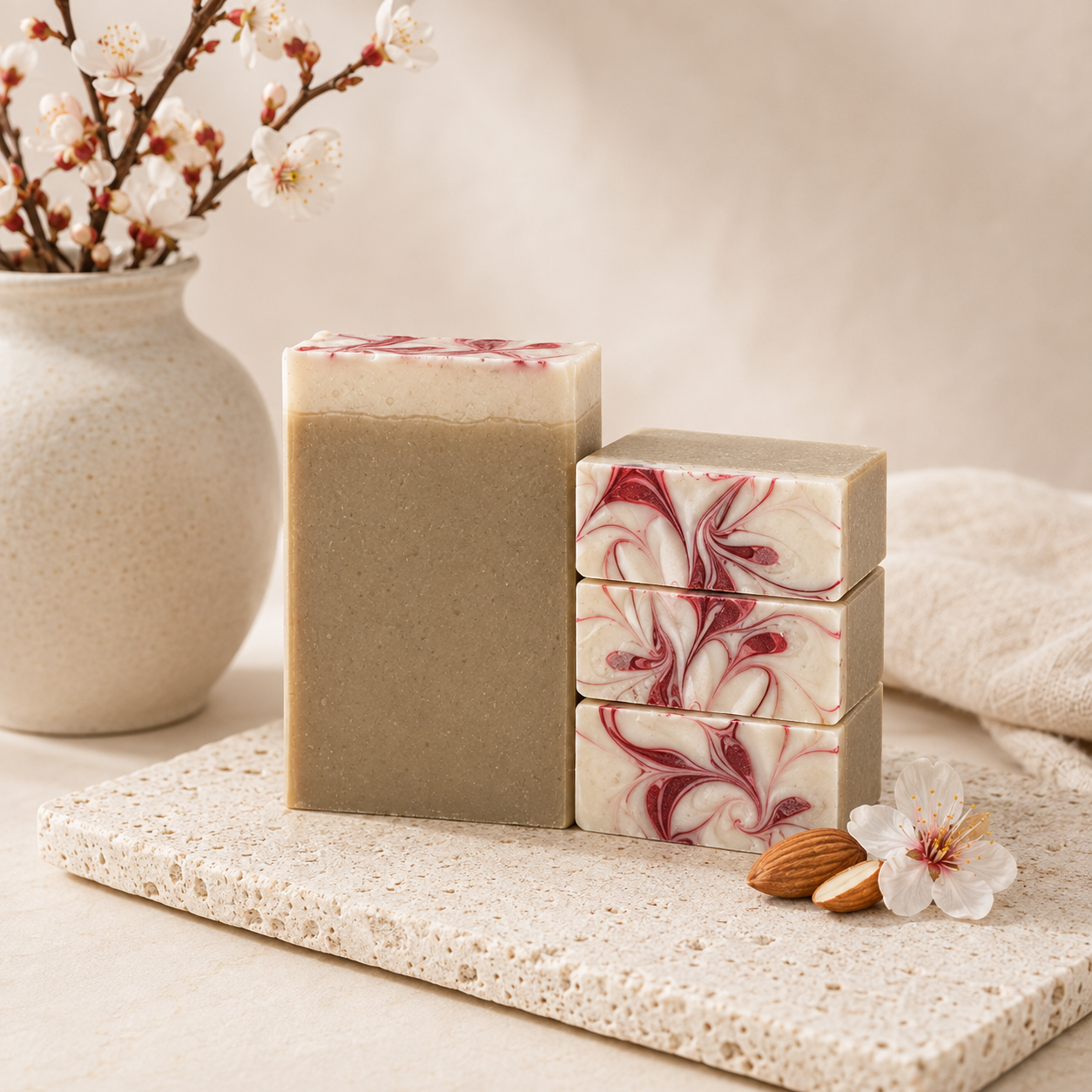 Three handmade bars of soap displayed on a stone tray, with a larger rectangular bar in taupe and two smaller stacked bars featuring a cream and burgundy marbled pattern. The setup includes a ceramic vase with blossoms and almonds on a neutral beige background.