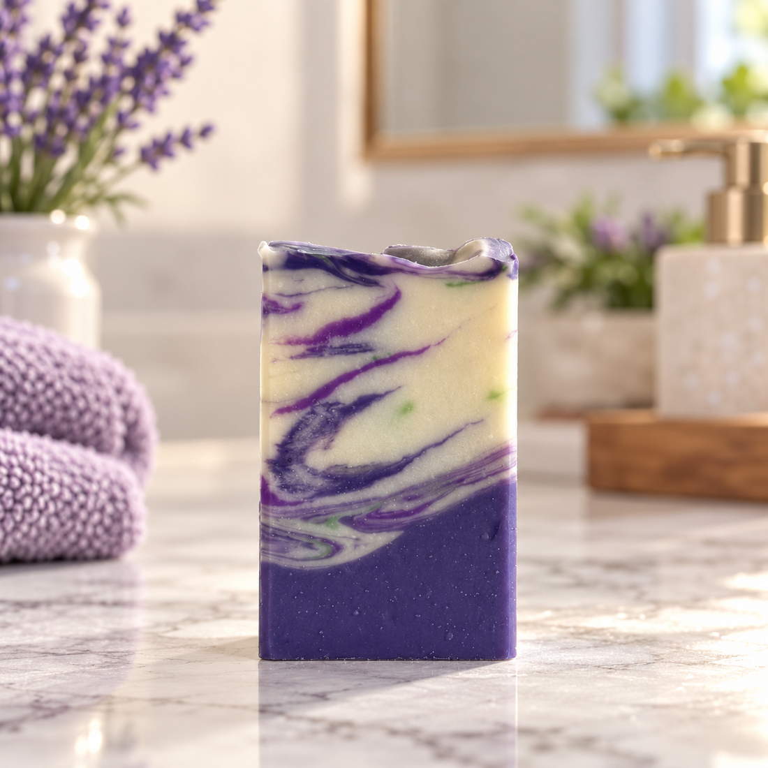 A rectangular handmade soap bar with a purple and cream marble swirl pattern, standing on a marble countertop with lavender and bath accessories in the background.