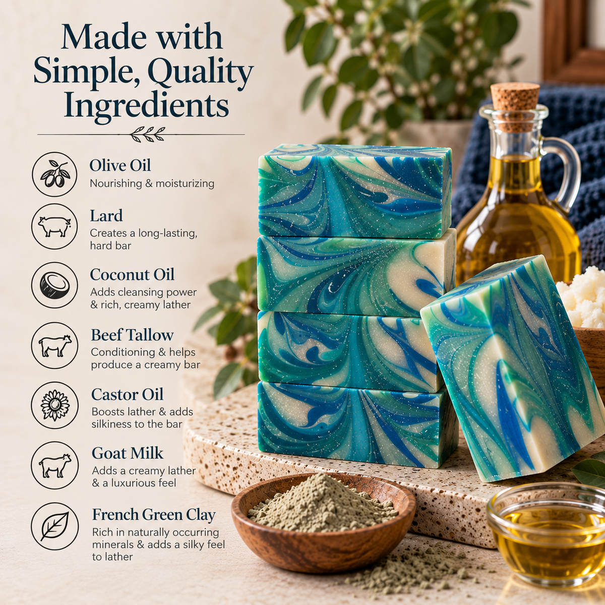 Three marbled soap bars in blue, teal, and green are displayed with ingredient callouts on the left, including olive oil, lard, coconut oil, beef tallow, castor oil, goat milk, and French green clay. A bottle of oil and a bowl of powder sit in a styled setting with a cork stopper and a plant in the background.