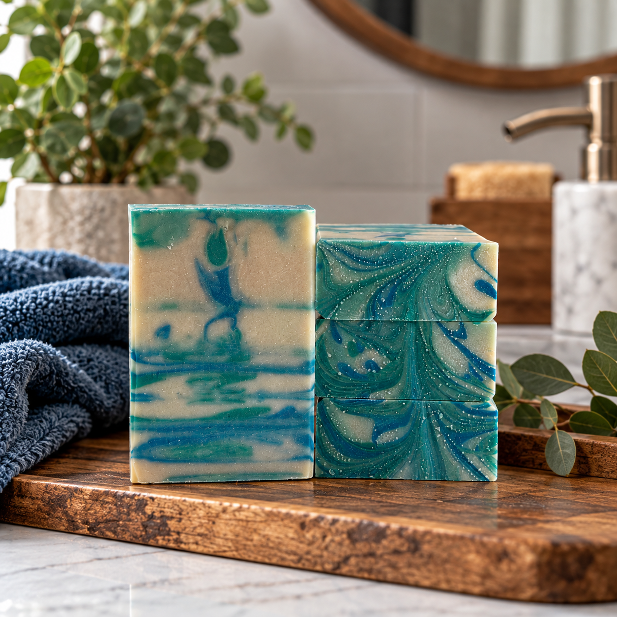 Two handmade marbled soap bars in teal, blue, and cream are displayed on a wooden cutting board in a bathroom setting, with a blue towel, green plants, and a soap dispenser in the background.