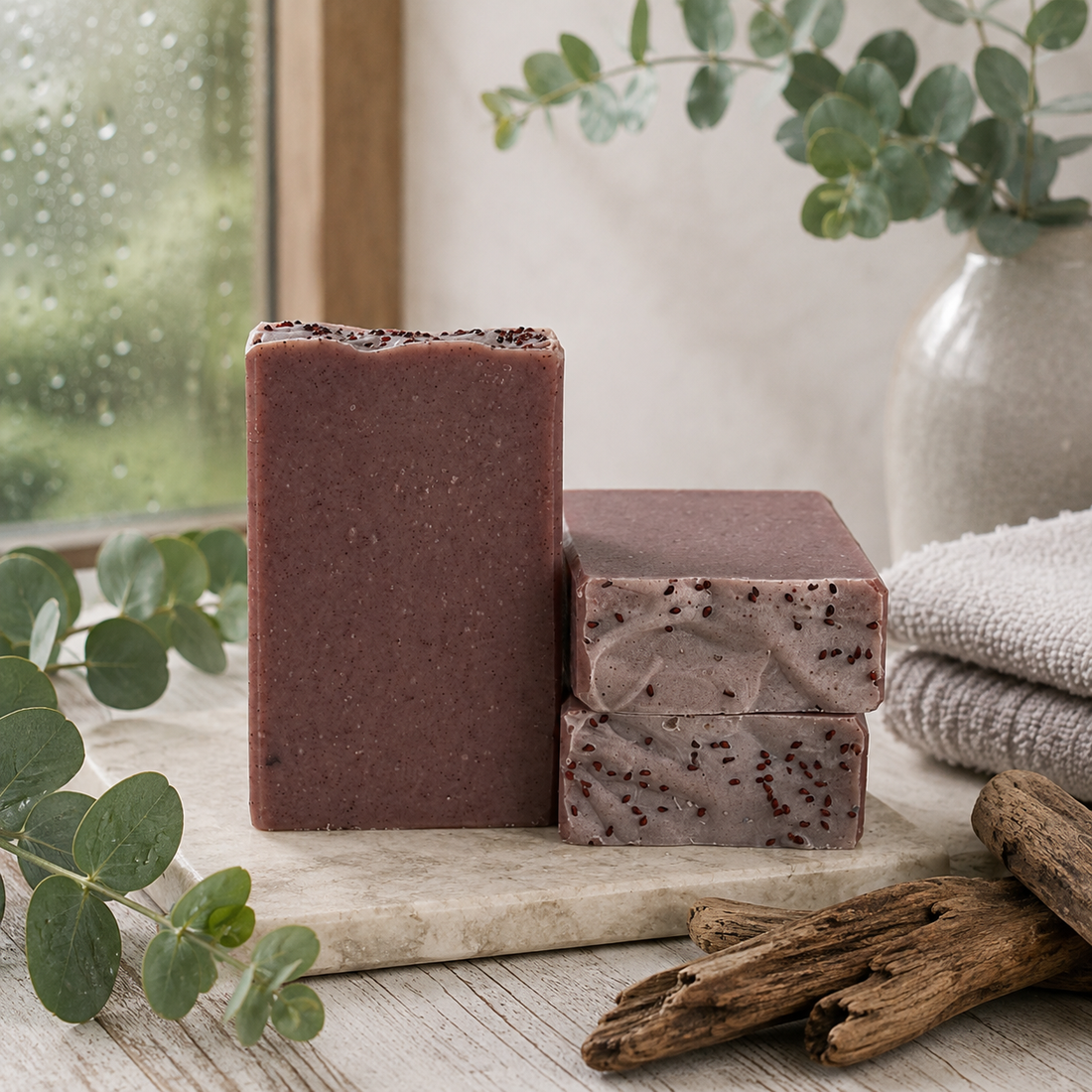 Three rectangular bars of handmade soap in earthy mauve-brown tones with dark speckles, arranged on a stone slab with eucalyptus leaves, driftwood, and a folded towel in a softly lit interior setting.
