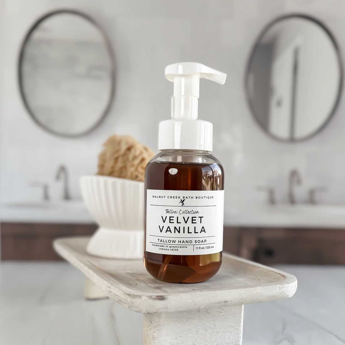 brown velvet vanilla foaming soap on a tray