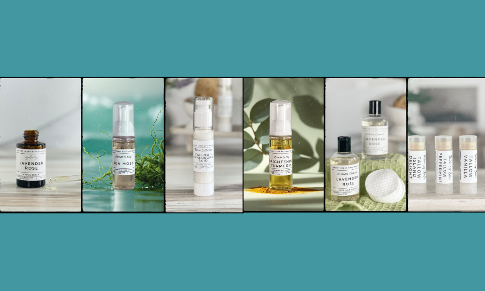 row of face care products, including shave soap, beard oil and balm, face cream and face soap, lip balms