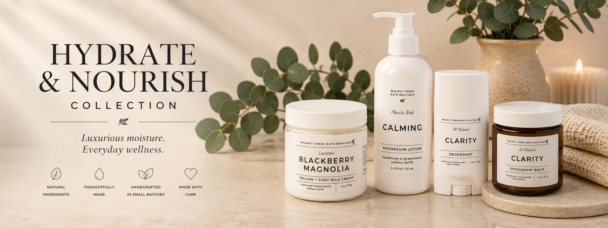 image with goat milk cream and deodorants with eucalyptus leaves in thhe background