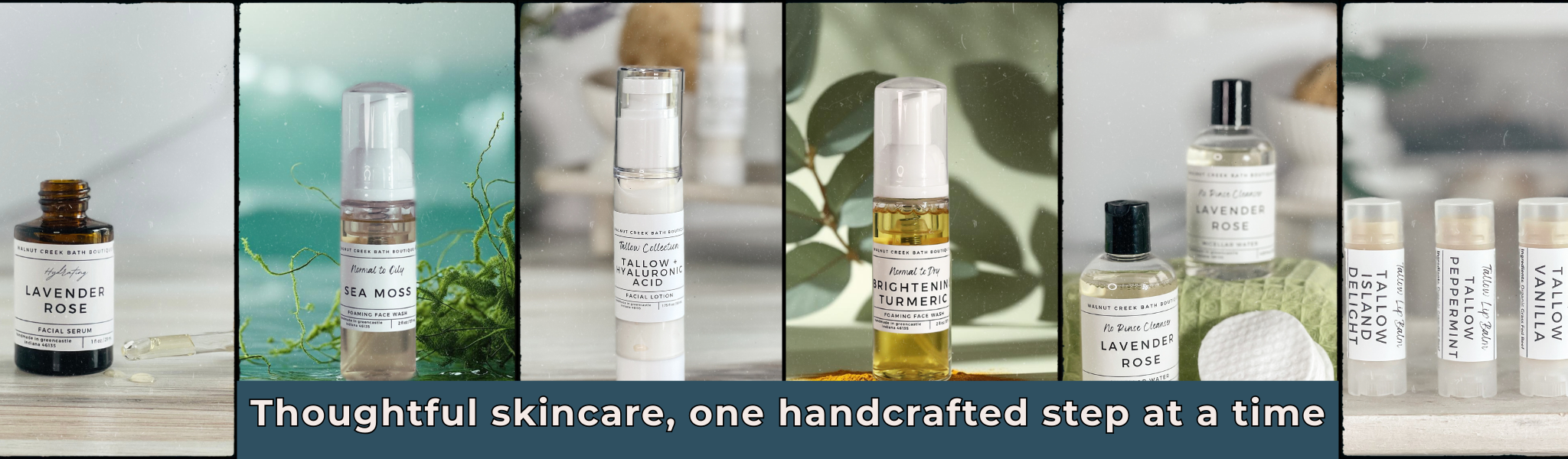 Collage of various skincare products with a brand name on labels, set against a blurred natural background.