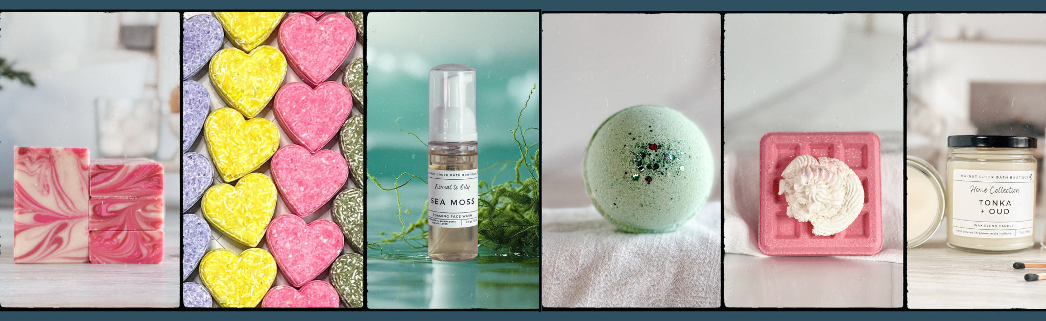Collage of various beauty products including bath bombs, a bottle, and a soap mold.
