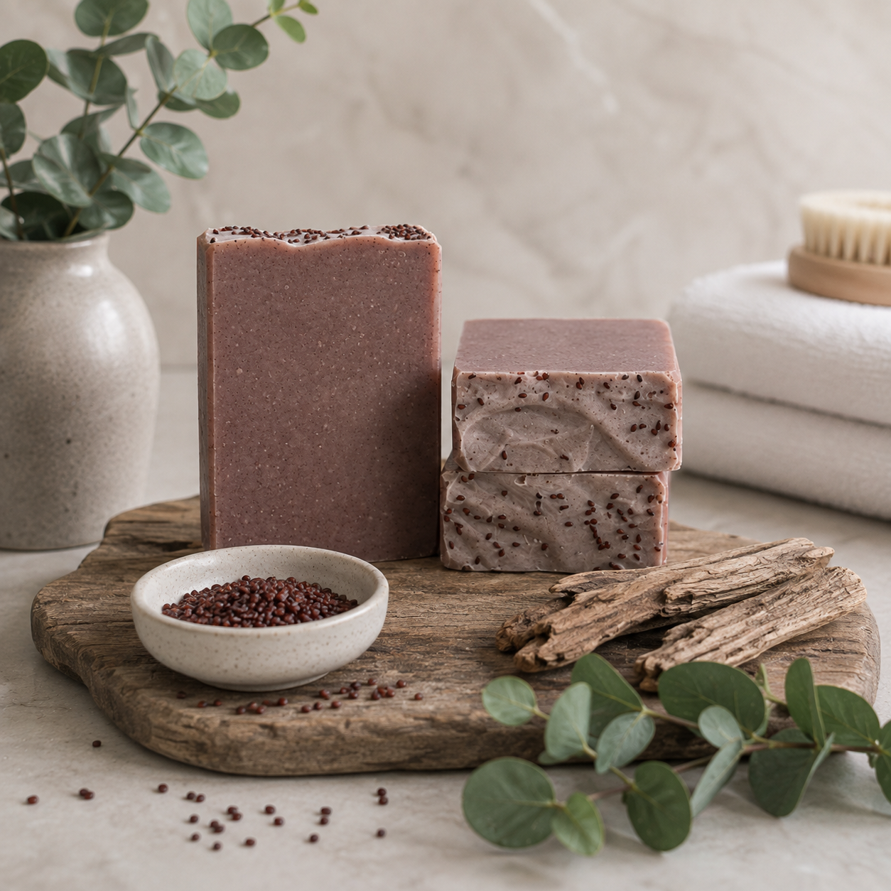 Two rectangular bars of handmade soap in a dusty mauve-purple shade with dark brown seed inclusions, displayed on a rustic wooden board with eucalyptus leaves, dried roots, and a small bowl of seeds.