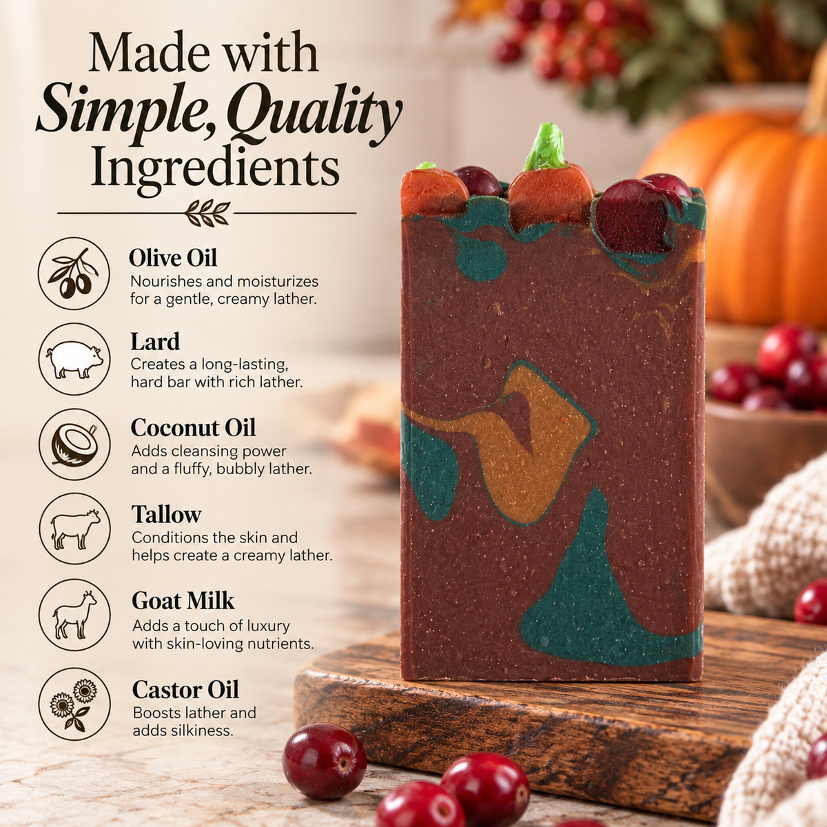 A bar of handmade lather soap stands on a wooden board with pumpkins and cherries in the background. Text on the left lists ingredients including olive oil, lard, coconut oil, tallow, goat milk, and castor oil with icons.
