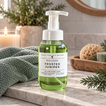 A bottle of Walnut Creek Bath Boutique Frosted Juniper hand soap sits on a marble bathroom counter next to a green towel, with a candle, sponge, and pine branches in the background.