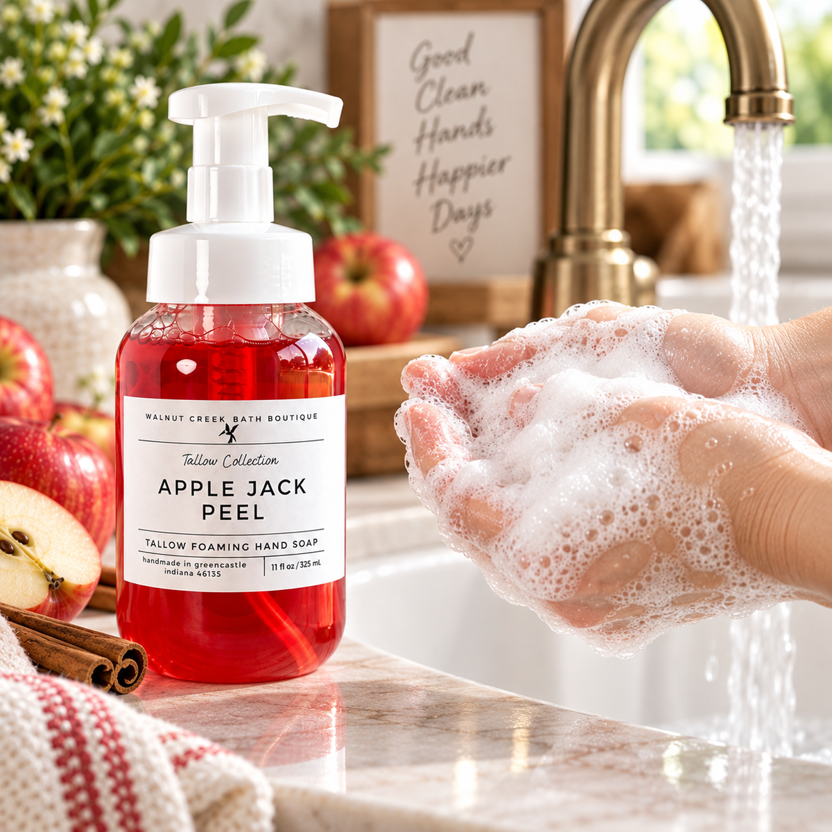 A bottle of Walnut Creek Bath Boutique Apple Jack Peel foaming hand soap stands on a marble counter beside running water from a faucet, with a person&