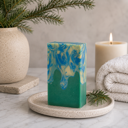 A rectangular bar of soap with a teal green base and blue and pale yellow marbled swirls on top, displayed on a round beige tray. The scene is styled with a lit candle, a folded towel, a potted evergreen branch, and a marble surface.