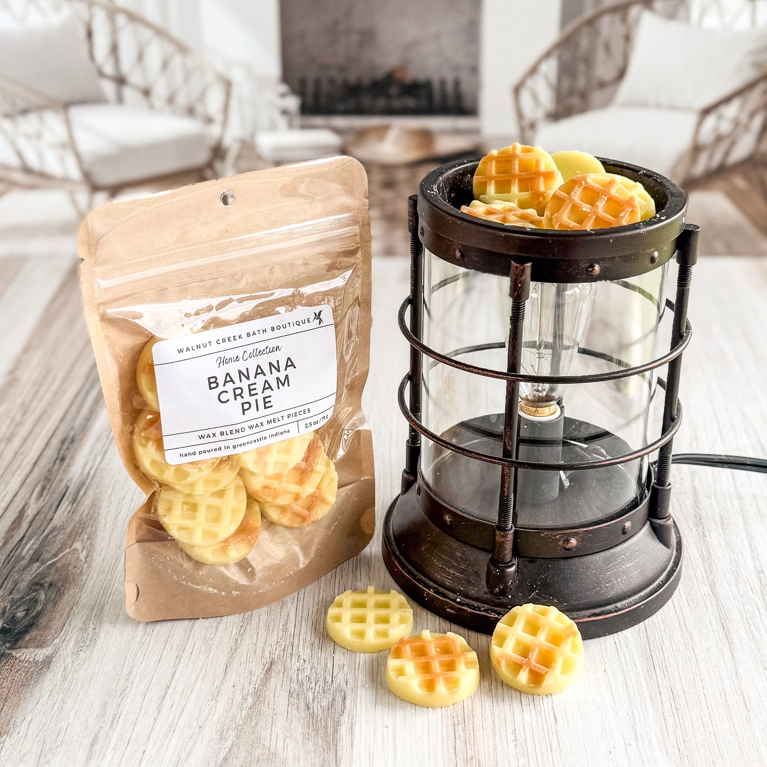 banana cream wax melts in waffle shapes next to lantern