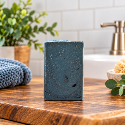 A rectangular bar of dark teal-blue soap with a swirled texture stands on a wooden cutting board in a bathroom setting, with a sink, brass faucet, white subway tiles, a green plant, and a blue knit towel visible in the background.