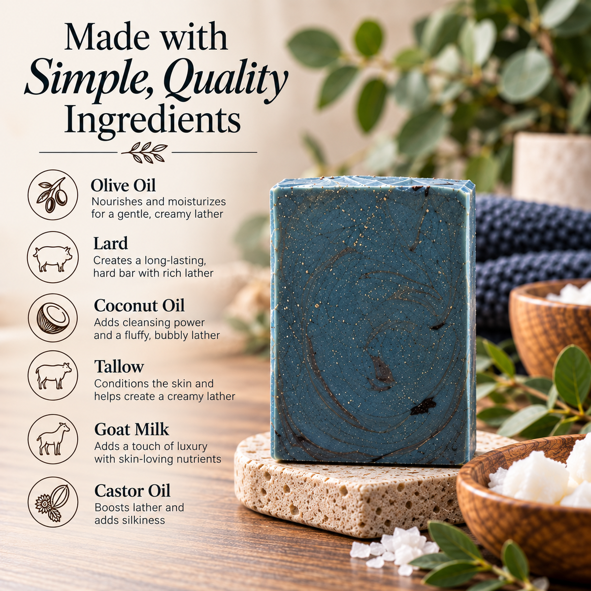 A rectangular bar of blue lather soap with dark swirls and gold flecks stands on a stone slice on a wooden surface, surrounded by bowls of ingredients and text describing the ingredients: olive oil, lard, coconut oil, tallow, goat milk, and castor oil.