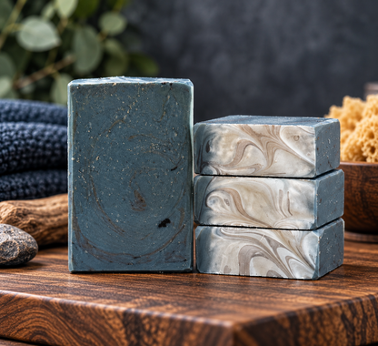 Four rectangular handmade soap bars arranged on a wooden surface, with one bar standing upright and three stacked horizontally. The soaps have a slate blue-gray base with marbled swirls of white, beige, and brown.