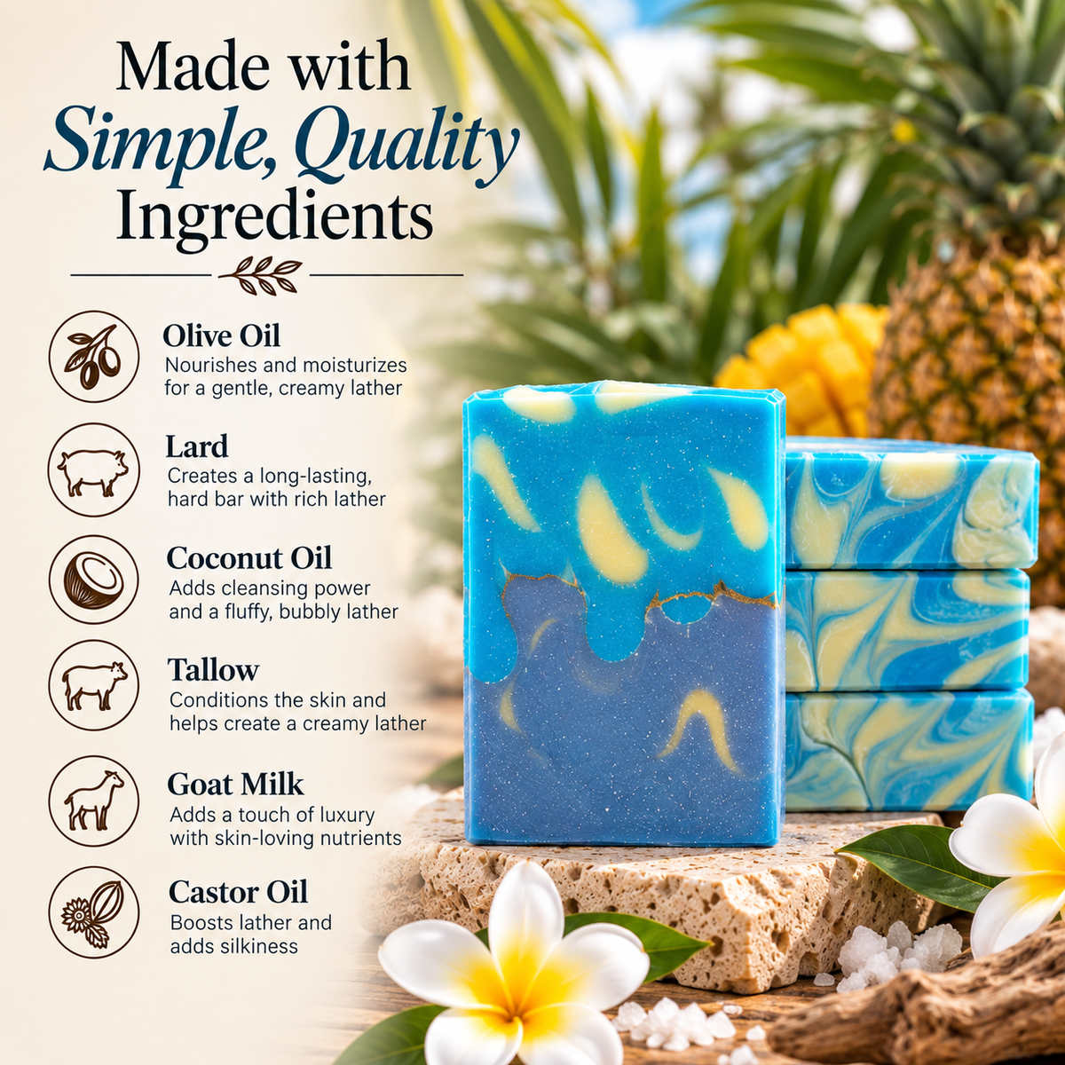 Two handmade blue and yellow marbled soap bars displayed on a rustic wooden surface with tropical flowers and pineapples in the background. The left side features text detailing the ingredients: olive oil, lard, coconut oil, tallow, goat milk, and castor oil.