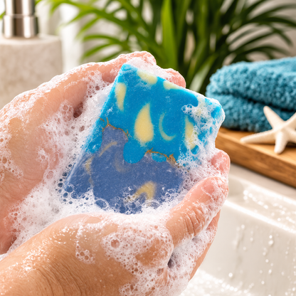 A close-up of soapy hands holding a blue and yellow marbled soap bar in a bathroom setting with a sink, towel, and plant in the background.