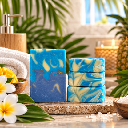 Two bars of blue and yellow marbled soap standing on a stone slab, styled with a rolled towel, plumeria flowers, green leaves, and a lit candle in a tropical bathroom setting.