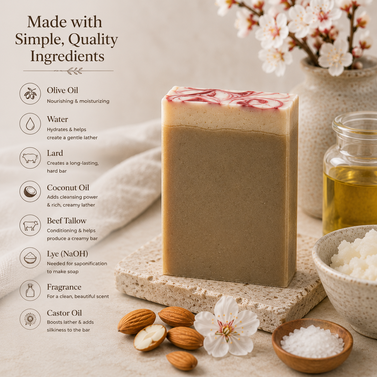 A rectangular handmade soap bar with a light tan body and a marbled top in beige, pink, and white, displayed on a stone slab with olive oil, castor oil, almonds, and flowers. Text on the left lists the ingredients used, including olive oil, water, lard, coconut oil, beef tallow, lye, and fragrance.
