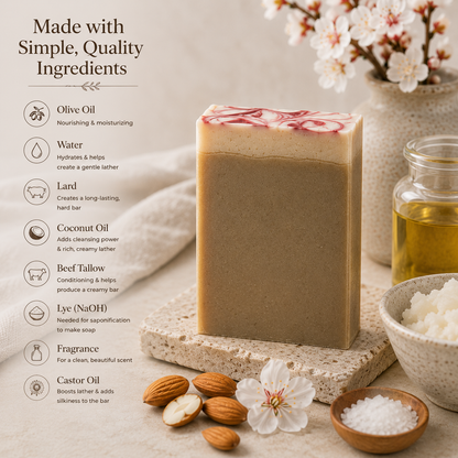 A rectangular handmade soap bar with a light tan body and a marbled top in beige, pink, and white, displayed on a stone slab with olive oil, castor oil, almonds, and flowers. Text on the left lists the ingredients used, including olive oil, water, lard, coconut oil, beef tallow, lye, and fragrance.