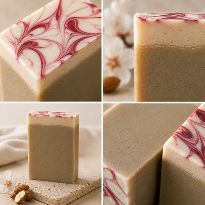 Four-panel close-up collage of a handmade rectangular soap bar with a smooth taupe-beige body and a marbled top layer of cream and deep red swirls. The soap is shown in neutral, styled settings with small white flowers and almond slices.