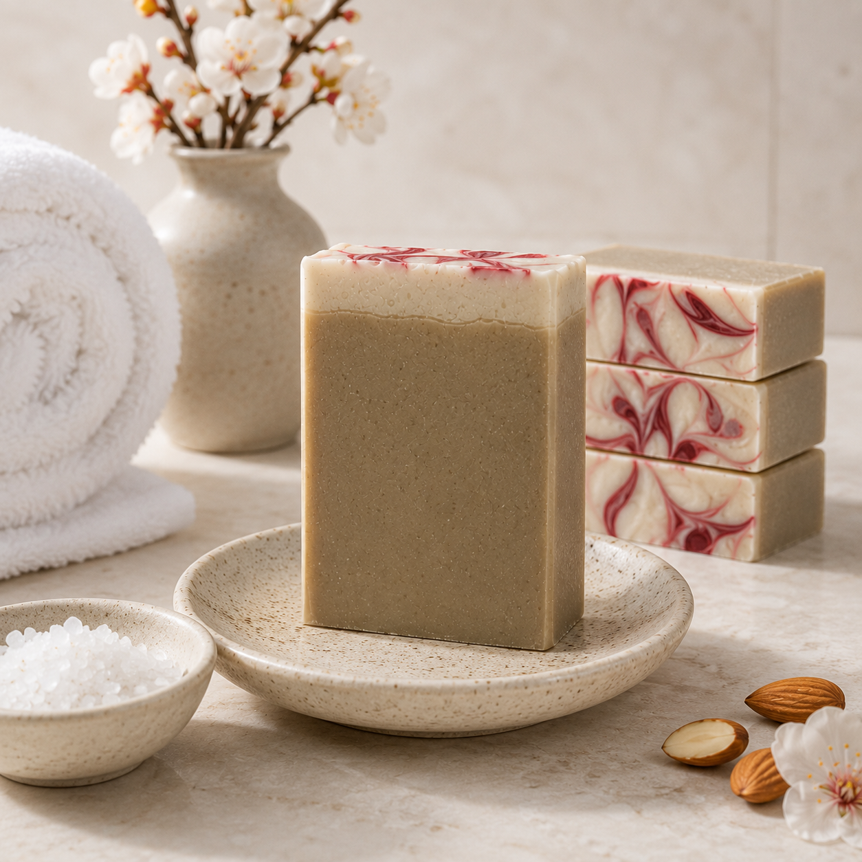 A set of handmade soap bars arranged on a stone surface, including one plain beige bar on a small dish and three stacked marbled bars with cream, white, and red swirls. Rolled towels, a vase with blossoms, and a bowl of bath salts are styled around them.