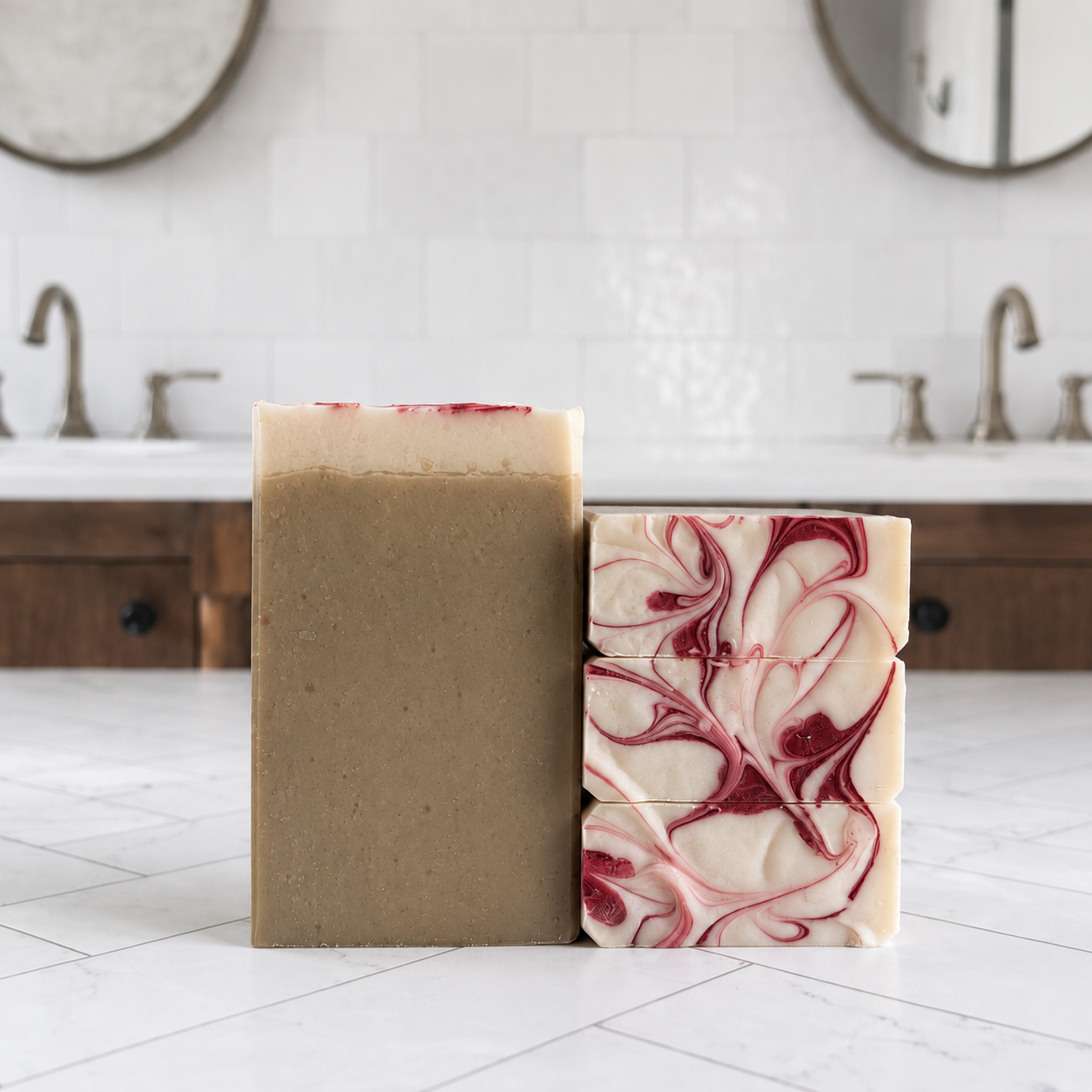 Two handmade bars of soap standing upright on a white tiled countertop in a bathroom setting. One bar is solid taupe-brown, and the other is cream with a marbled deep red swirl pattern.