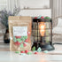 evergreen and apple wax melt bag next to lit burner. there are wax melts on the table scattered about to shoe the pieces - these are red dot pieces along with 2 colors of green tiny trees - so cute!