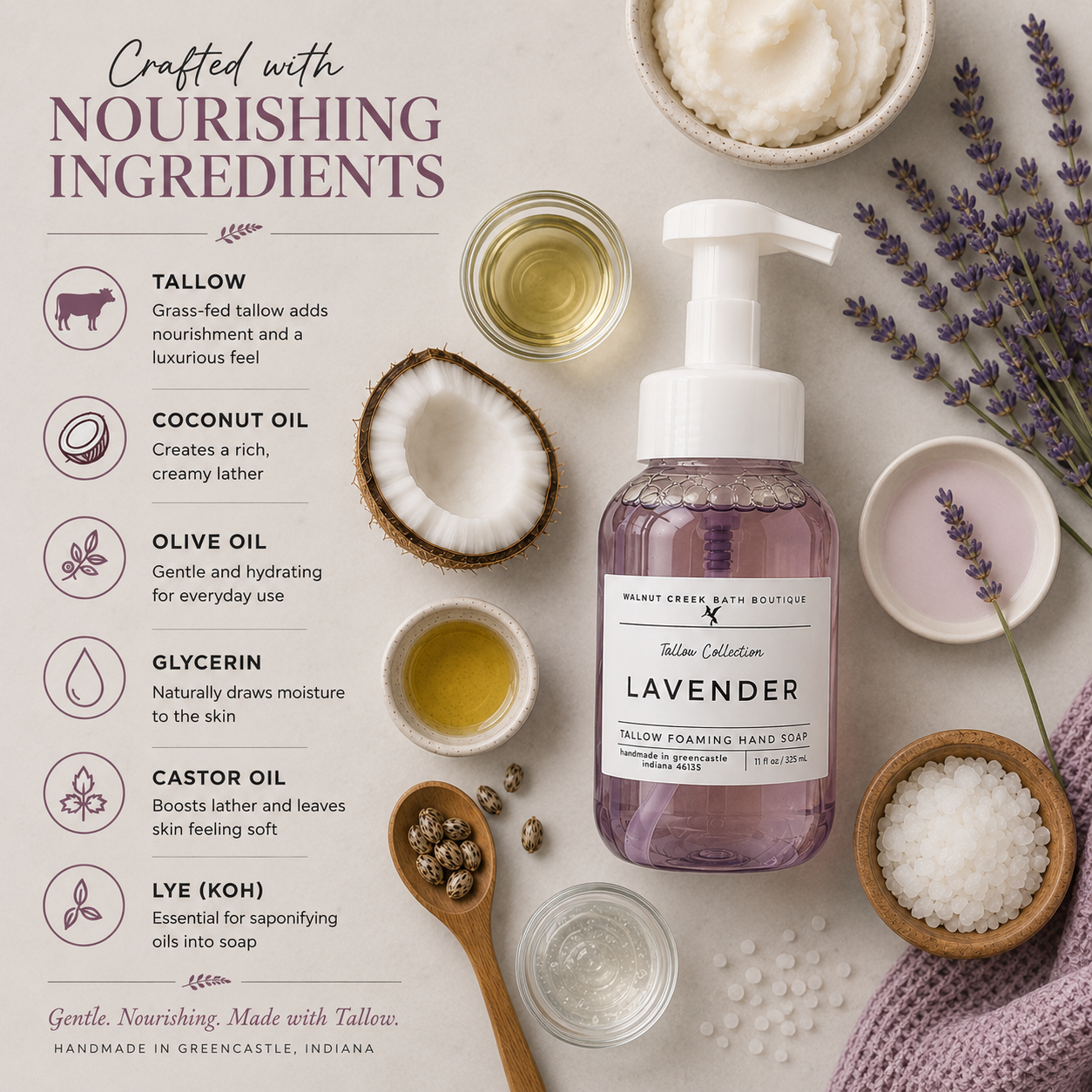 A bottle of Mount Green Bath &amp; Body Co. Lavender Yellow Foaming Hand Soap is displayed in a styled flat-lay arrangement with its key ingredients (tallow, coconut oil, olive oil, glycerin, castor oil, and lye) and lavender sprigs on a light beige background.