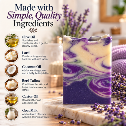 A marbled purple and cream soap bar displayed on a marble slab with lavender flowers, next to a text panel detailing the ingredients: olive oil, lard, coconut oil, beef tallow, castor oil, and goat milk.