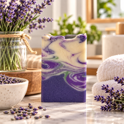 Lavender and purple marbled artisan soap bar standing on a marble countertop, surrounded by lavender sprigs, a small bowl of lavender seeds, and folded white towels in a bright bathroom setting.