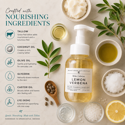 A bottle of Mount Green Bath Boutique Lemon Verbena Towel Foaming Hand Soap is displayed in a styled flat-lay composition with its key ingredients (Tallow, Coconut Oil, Olive Oil, Glycerin, Castor Oil, Lye) and botanicals arranged around it on a textured beige background.