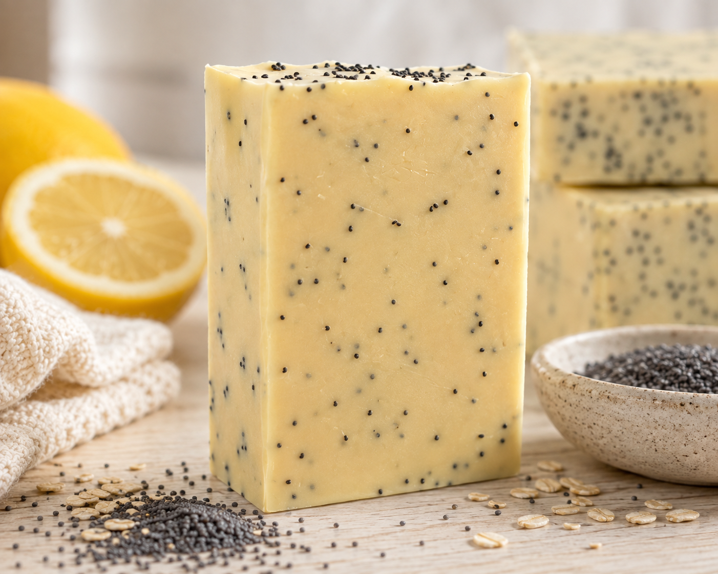 A rectangular bar of pale yellow soap speckled with black poppy seeds stands on a wooden surface, with lemon slices, oats, a small bowl of poppy seeds, and additional soap bars blurred in the background.