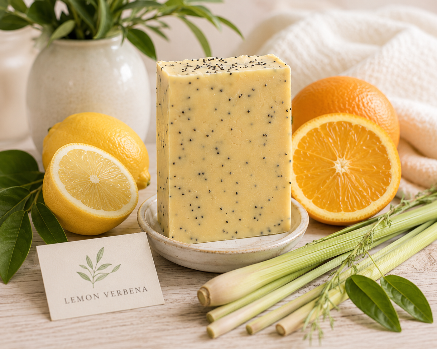 A rectangular bar of yellow lemon verbena soap with black poppy seed specks, displayed on a small ceramic dish. The soap is styled with fresh ingredients including a whole lemon, a halved orange, green lemongrass stems, and a branded card that reads &