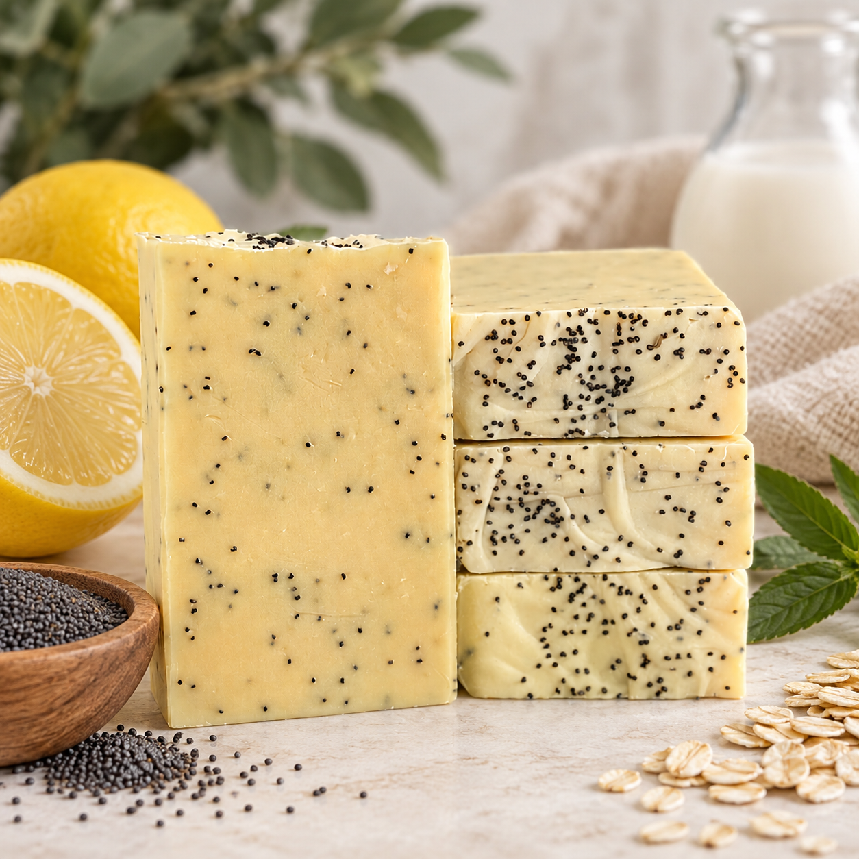 Four bars of pale yellow poppy seed soap are arranged on a light stone surface, with whole and halved lemons, a small wooden bowl of poppy seeds, oat flakes, mint leaves, and a glass of milk in the background.