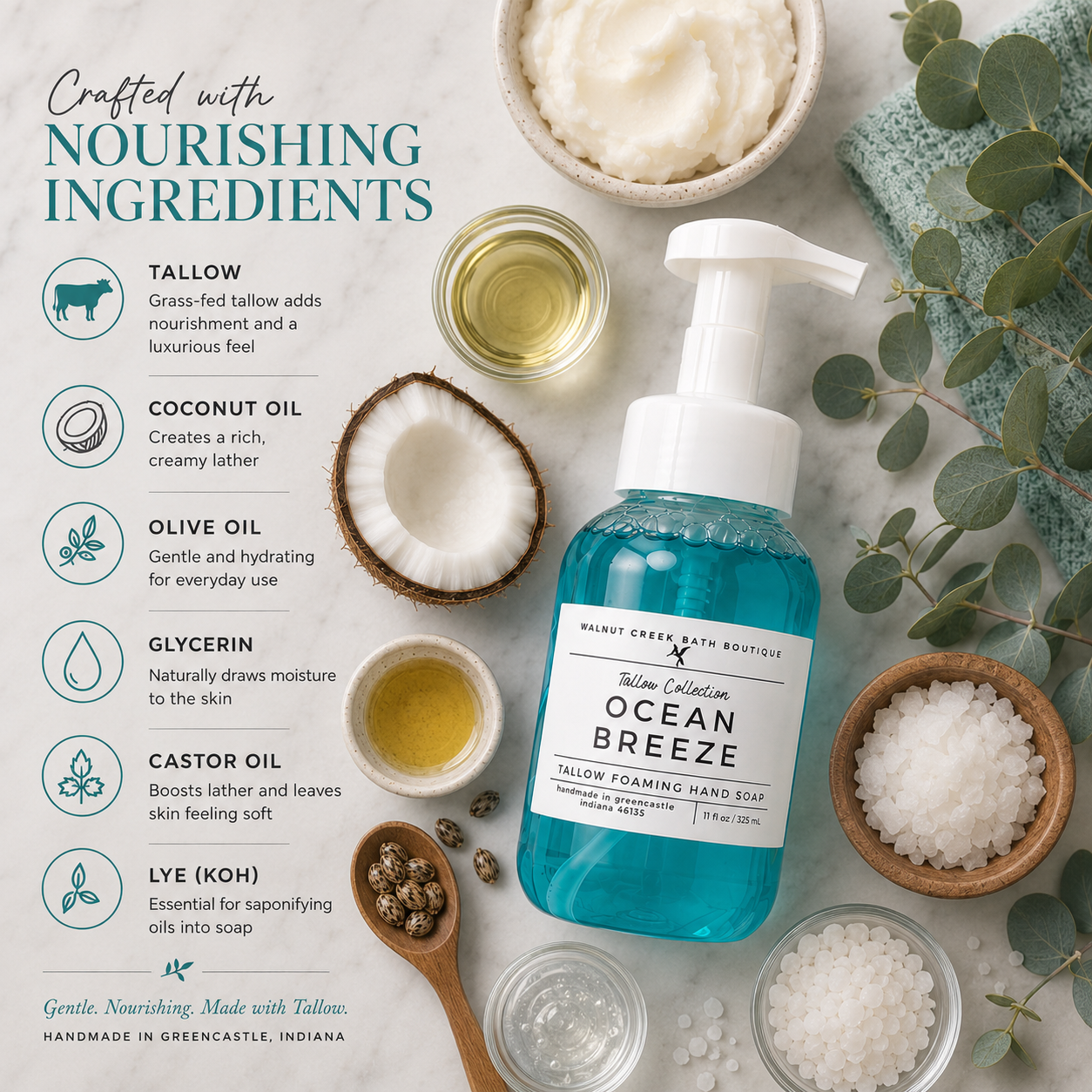 A flat-lay product presentation of a blue pump bottle of &