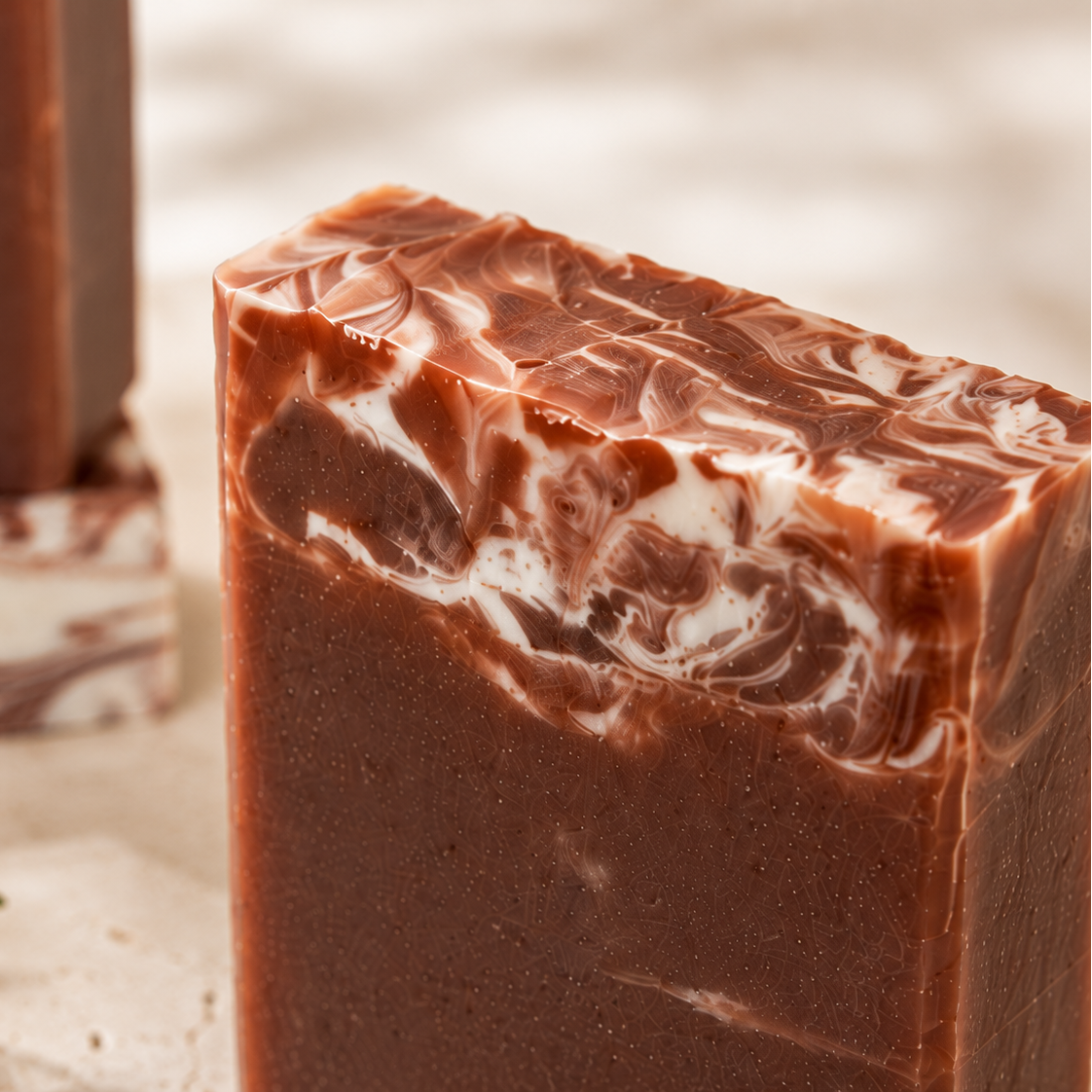 A close-up of a rectangular bar of handmade soap with a rich chocolate brown base and elegant white marbled swirls on top, set against a softly blurred light beige background with another soap bar and a small green sprig in the foreground.