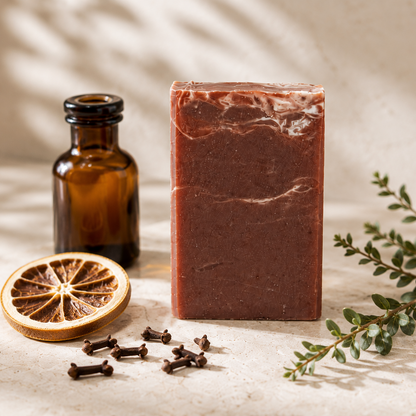 A rectangular bar of reddish-brown handmade soap stands on a light stone surface, styled with an amber glass bottle, a dried orange slice, small cloves, and green herb sprigs under soft leaf shadows.