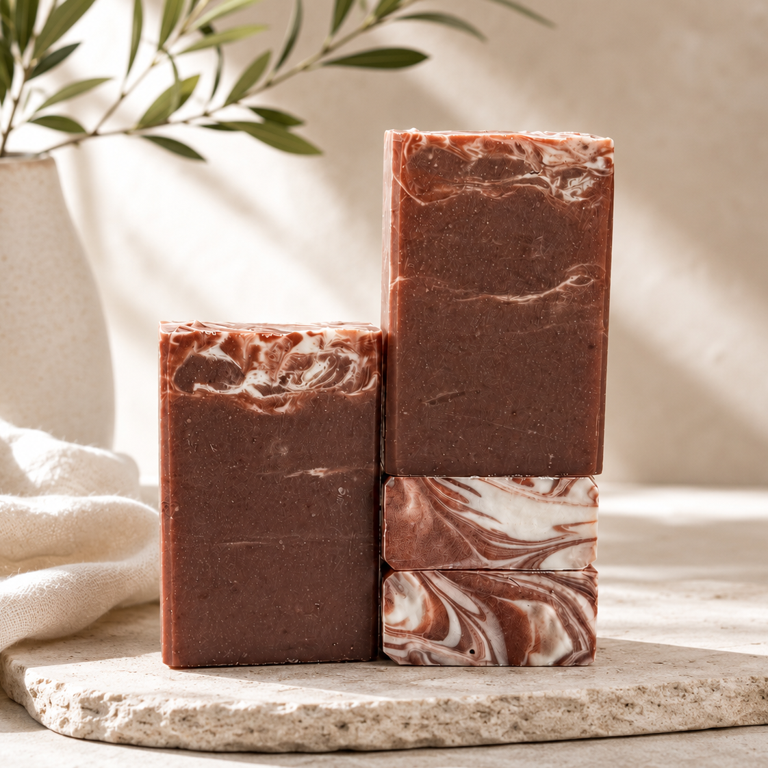 Three rectangular bars of handmade soap in warm brown tones with marbled swirls, arranged on a stone slab with a white vase and soft sunlight in the background.
