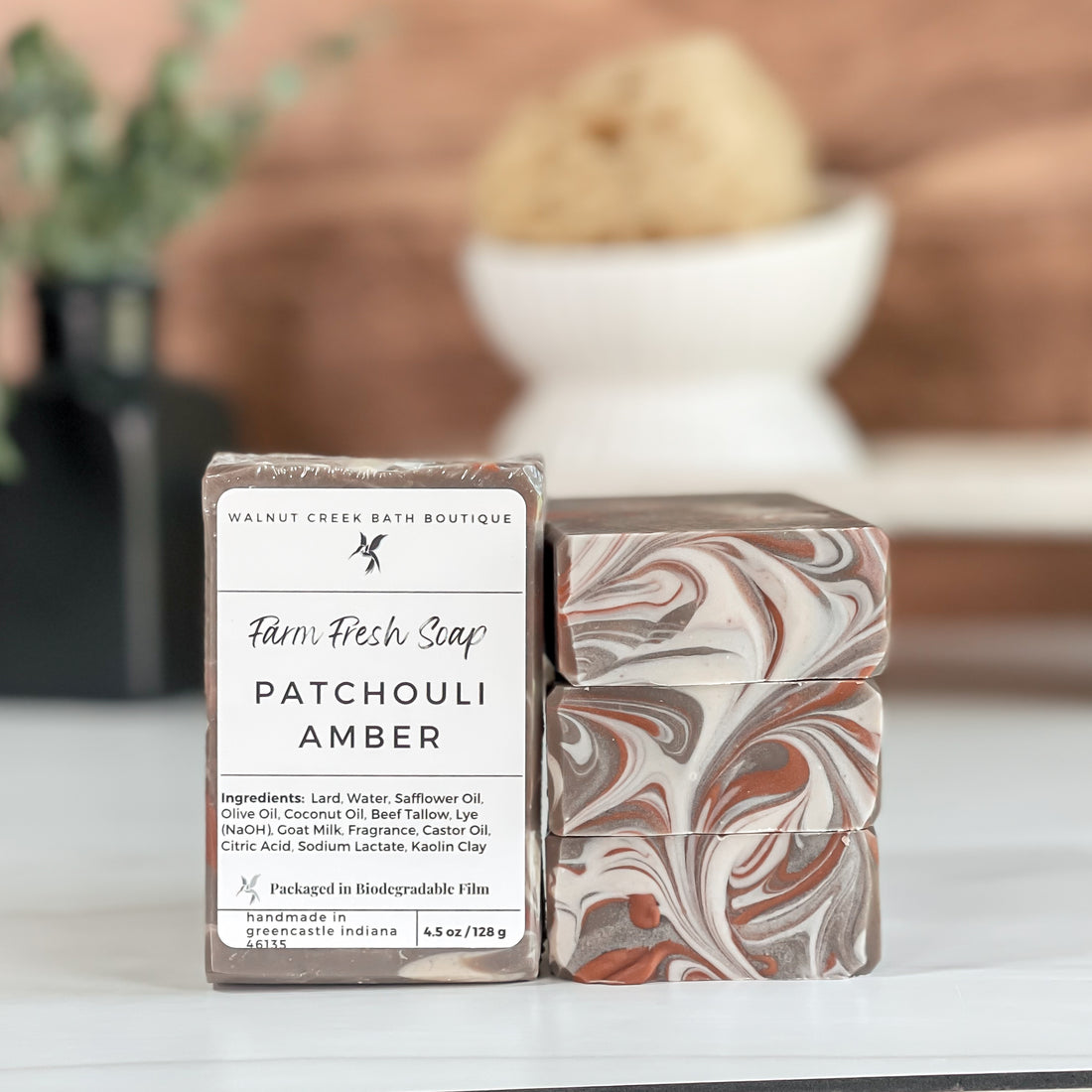 Marbled soap bars with packaging labeled &