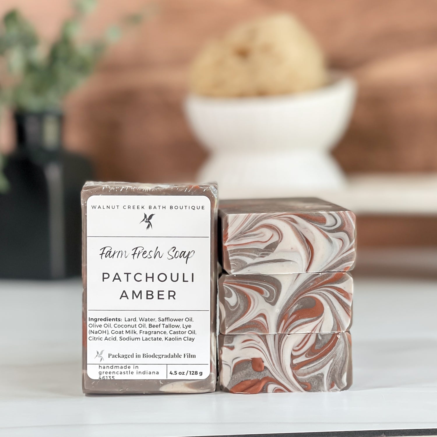 Marbled soap bars with packaging labeled &