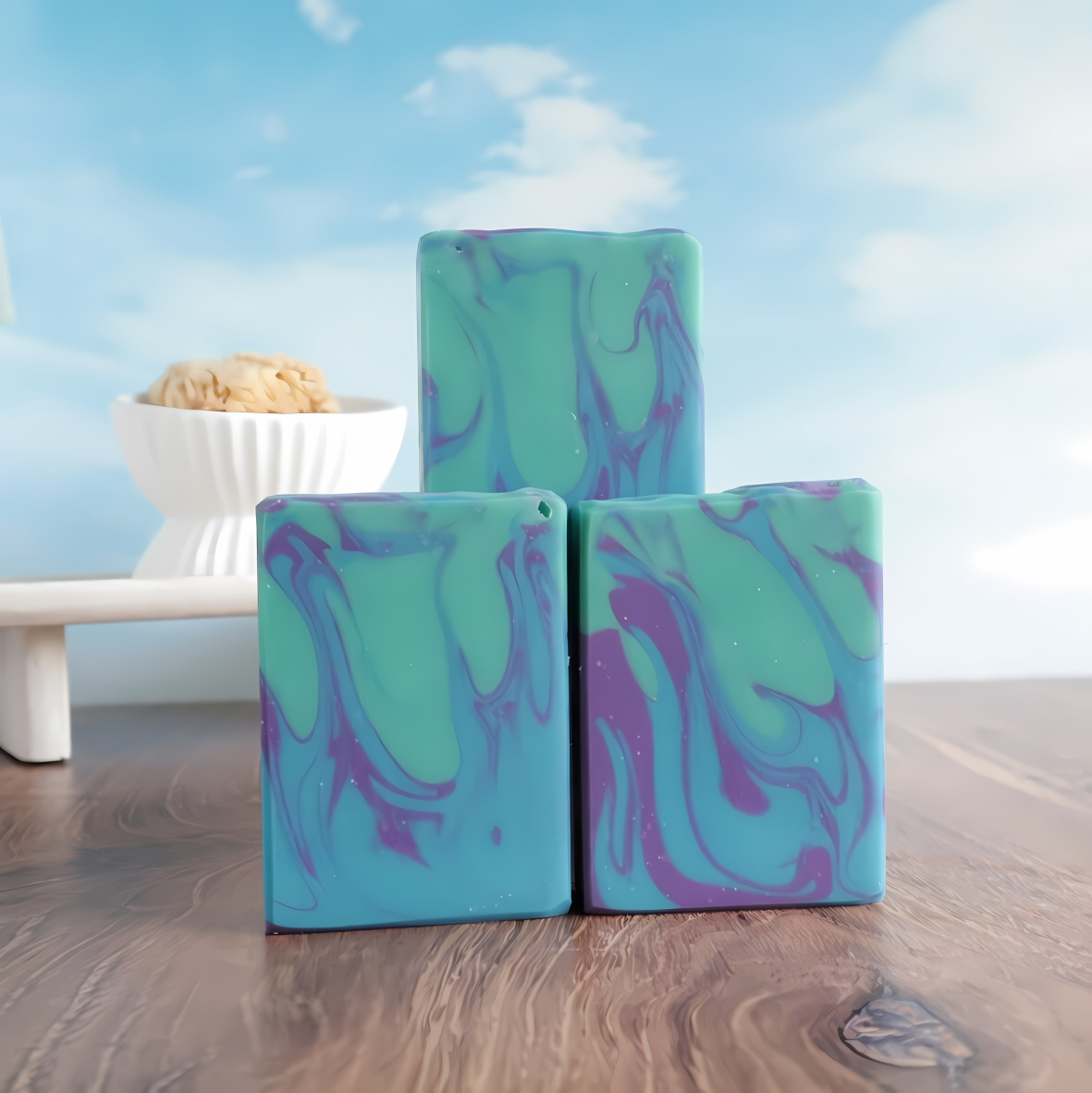 3 patchouli rain soaps are shown, 2 standing side by side showing the purple, blue and green swirls. there is another standing on a shelf behind those raised up a bit. in the background is a blue sky with whispy clouds. behind the soaps is another tray with a white soap dish with some loofah peeking out of it.